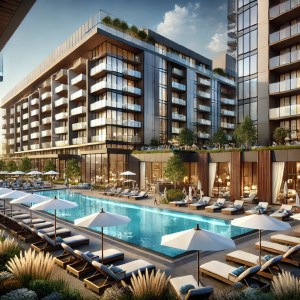 A modern luxury hotel in Ontario featuring a sleek design with large glass windows, an inviting outdoor pool area with stylish lounge chairs, and high-end amenities such as a rooftop bar and fitness center, surrounded by lush landscaping.