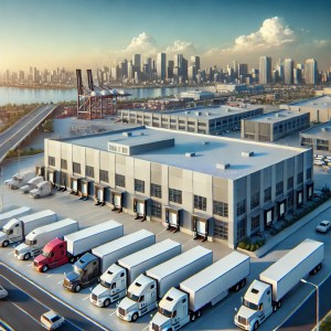 A modern industrial warehouse landscape featuring spacious loading docks, semi-trucks, and clean parking areas under a bright blue sky, representing industrial real estate opportunities in Ontario." This description is clear, relevant, and SEO-friendly. Let me know if you’d like any changes!