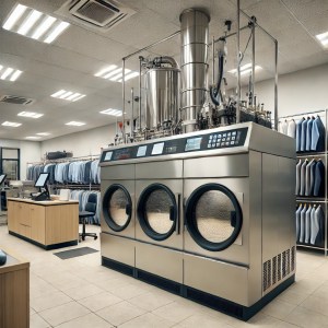 Interior of a dry cleaning facility with a large industrial machine on one side, racks of neatly pressed clothes on the other, and a clean, well-organized workspace.