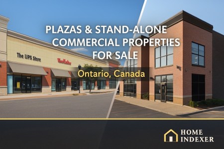 Plazas and stand-alone commercial properties for sale in Ontario, Canada — modern retail plaza and stand-alone building with Home Indexer branding.