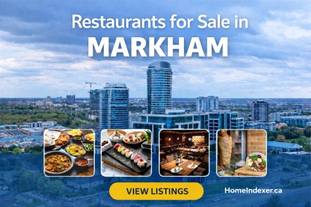 Restaurants for sale in Ontario promotional image with Ontario skyline, cuisine photos, View Listings button, and HomeIndexer.ca branding.