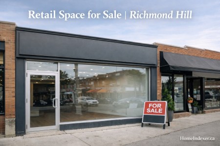 Retail space for sale in Richmond Hill, Ontario with modern storefront, glass entrance, and “For Sale” sign.
